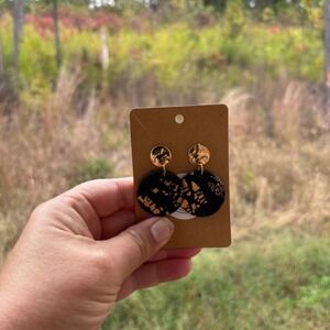 handmade‎ Black Gold Round dangle Drop Earrings Statement Polymer Clay artsy